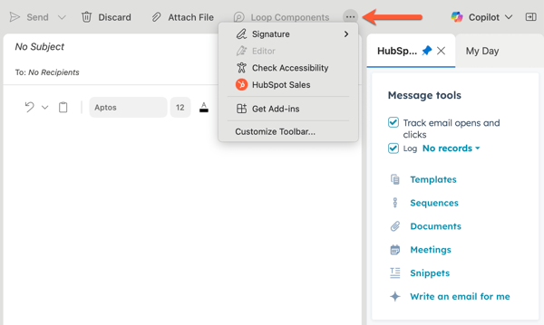 Outlook for Mac, highlighting how to access the HubSpot Sales Office 365 add-in from Outlook.