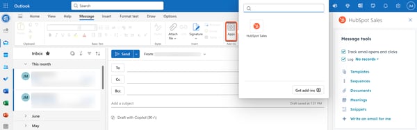 Outlook on the web, highlighting how to access the HubSpot Sales Office 365 add-in from Outlook.