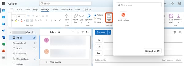 Outlook on the web, highlighting how to access the HubSpot Sales Office 365 add-in from Outlook.