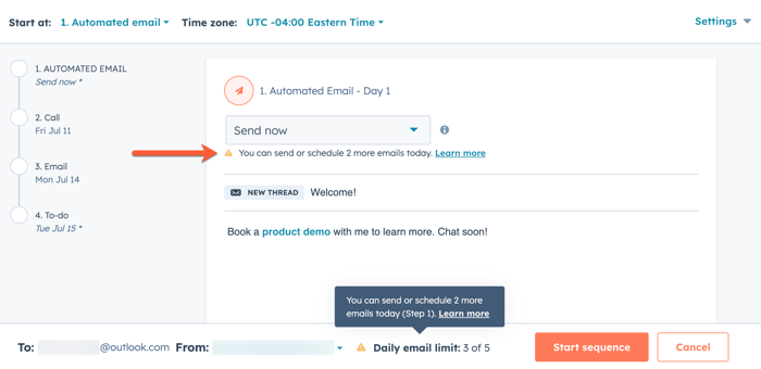 Enrolling a contact into a sequence, showing an alert when hitting the sequences daily send limit.