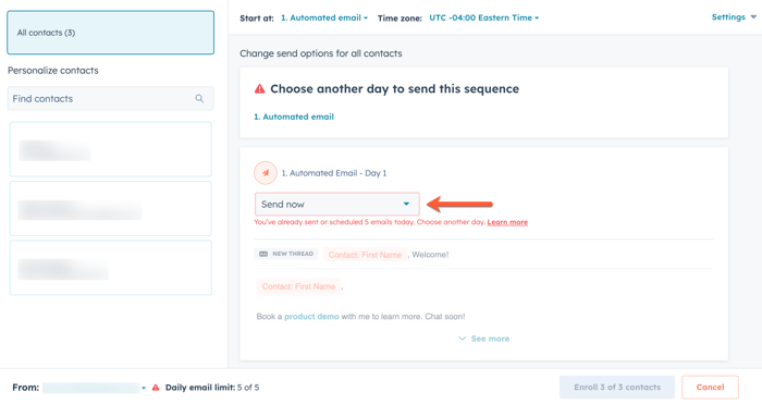 Enrolling multiple contacts into a sequence, showing an error when hitting the sequences daily send limit.