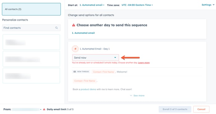 Enrolling multiple contacts into a sequence, showing an error when hitting the sequences daily send limit.