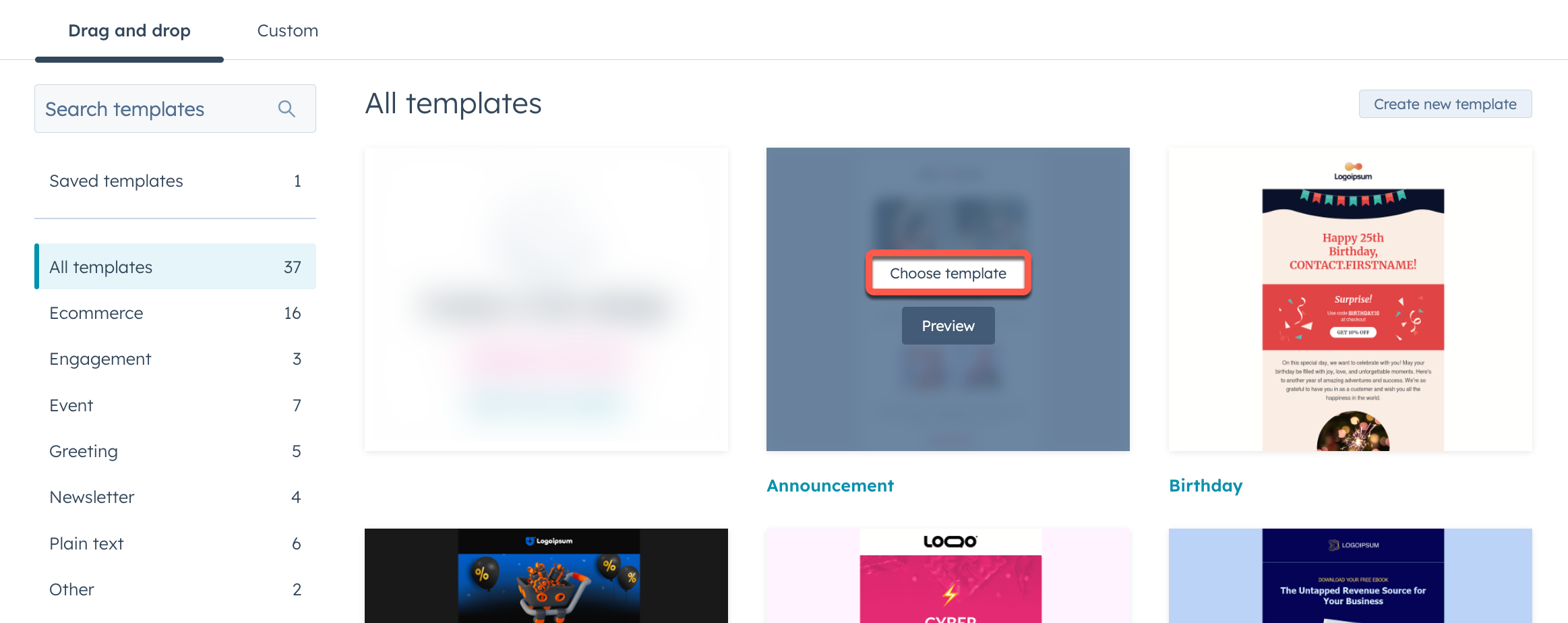 Template selection screen, with Choose template highlighted.