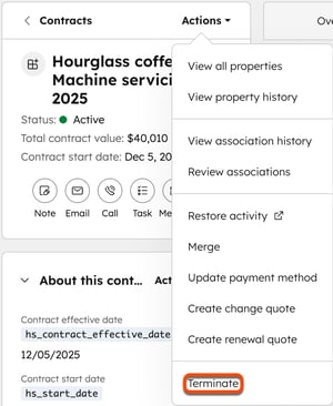 Actions dropdown menu on a HubSpot contract record with the Terminate option selected.