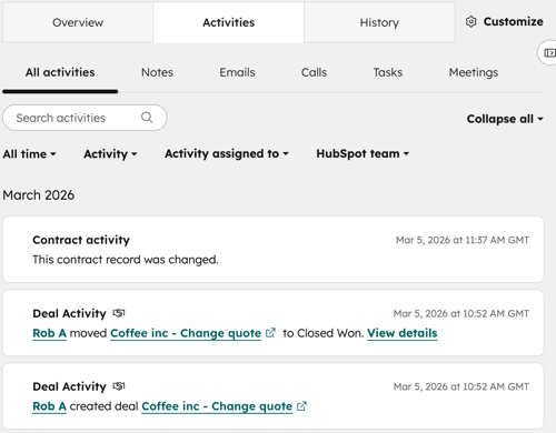 Activities tab on a HubSpot contract record showing logged calls, emails, notes, and tasks.