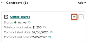 Associated preview icon in HubSpot contracts tool used to view related records or contract details.