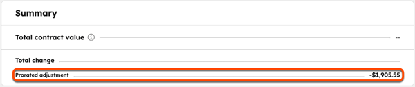 Prorated adjustment section in contract quote update showing calculated price changes for modified line items.