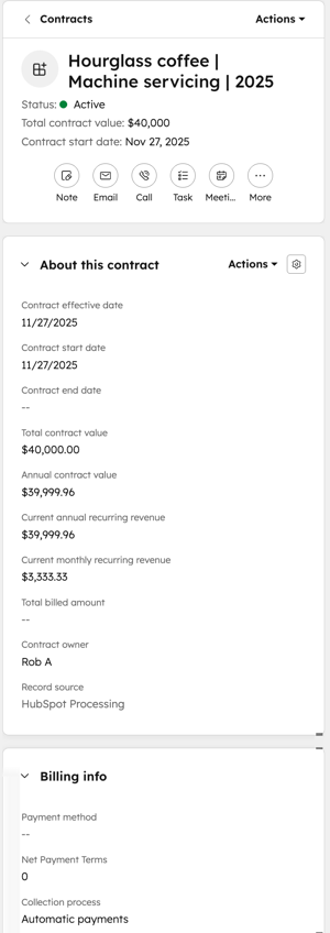 Left sidebar on a HubSpot contract record showing status, value, dates, recurring revenue, and billing details.