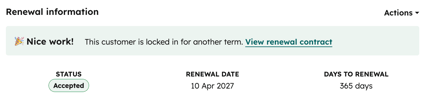Renewal information card on a HubSpot contract showing renewal status based on renewal quotes.
