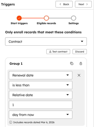 Workflow trigger settings showing contract renewal criteria in HubSpot automation tool