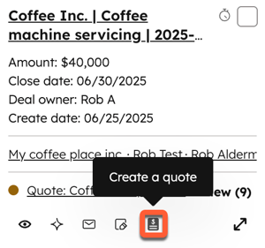 A screenshot of a deal in a board view with the 'Create a quote' quick action button highlighted.