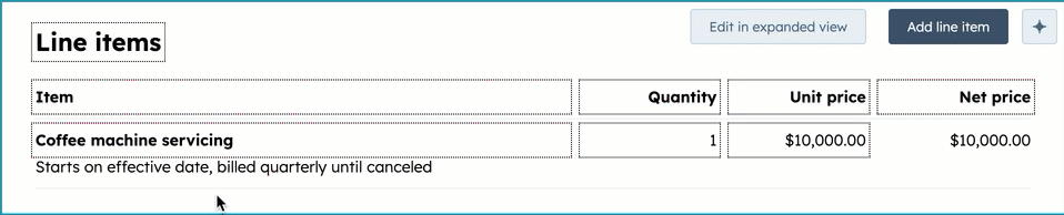 Animated GIF demonstrating how to edit line item details directly within the quote editor.
