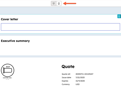 A screenshot of the quote editor showing the desktop and mobile preview icons highlighted at the top.