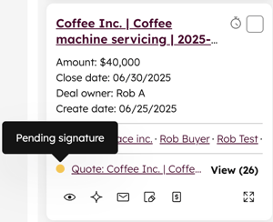 A screenshot of a deal card in the HubSpot Kanban board view, showing the colored status indicators for quotes. Each color corresponds to a different quote status.