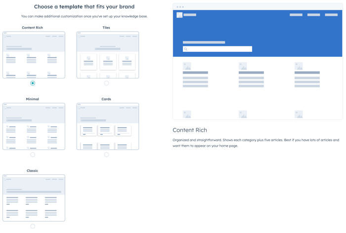 Select a template page to configure the knowledge base home page. Options include content rich, tiles, minimal, cards, and classic.