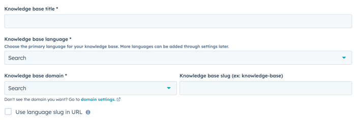 The Setup page is displayed when creating a knowledge base for basic settings including: title, language, domain, and slug.