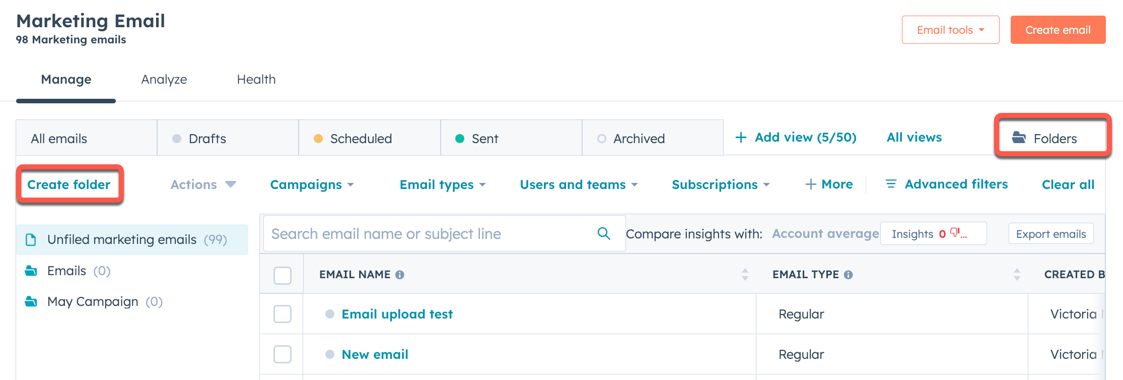Screenshot of the Marketing Email dashboard. An orange box highlights the 'Folders' tab in the upper right, and another orange box highlights the 'Create folder' button in the upper left.