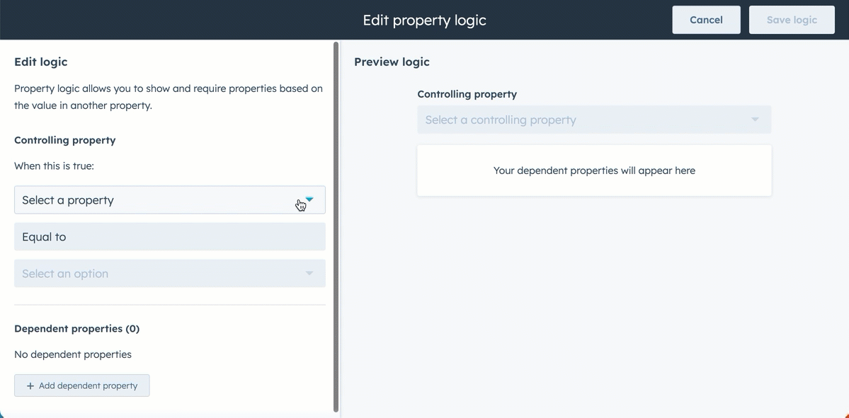 GIF image displaying the set up of conditional logic. The user selects the parent property, the required values, and then the child property