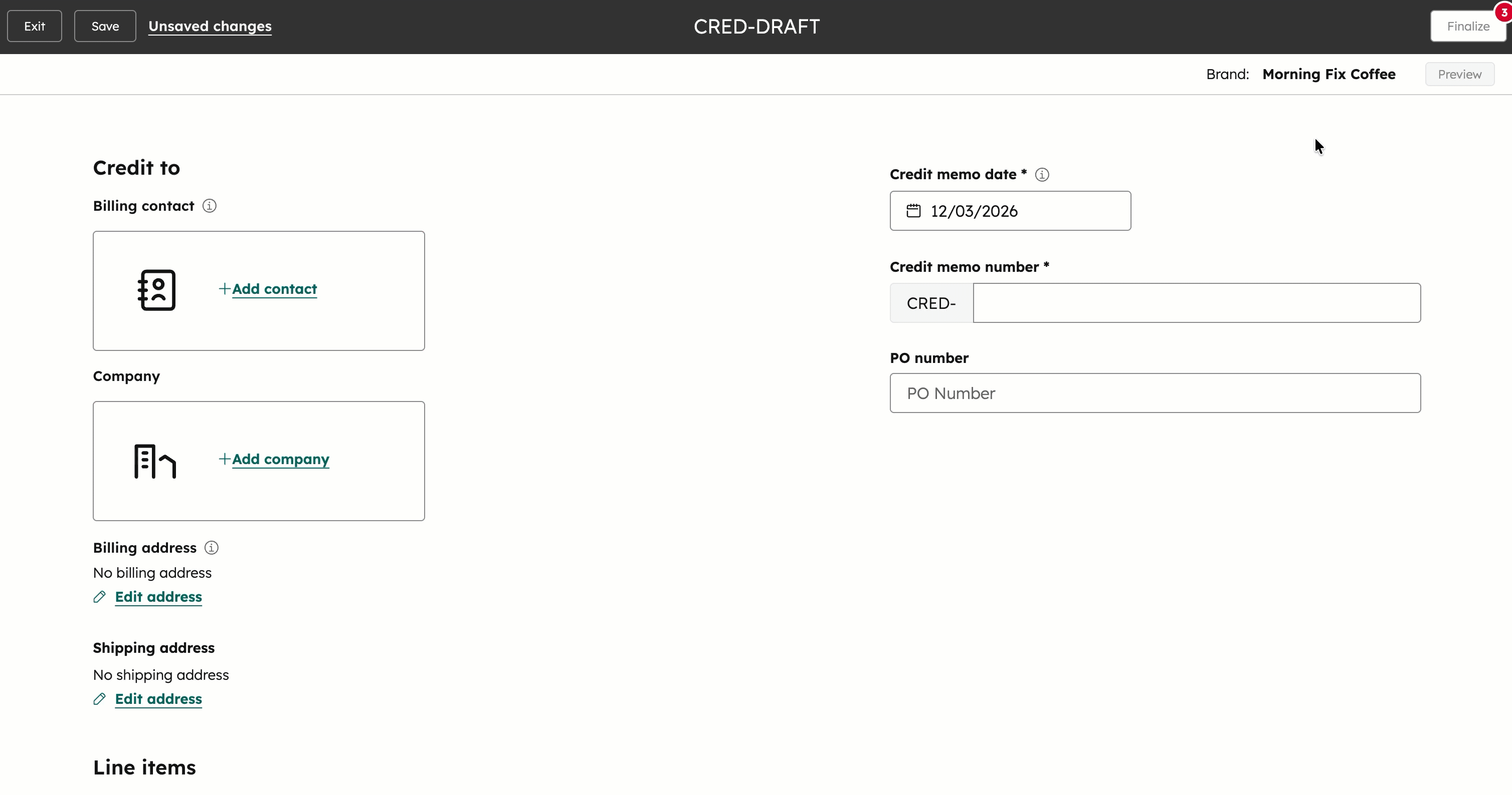 Select a brand from the dropdown menu in the credit memos tool to filter displayed credit memos.