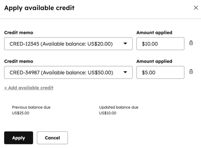 Dialog box for applying a credit memo to an invoice, showing credit memo selection and Amount applied field.