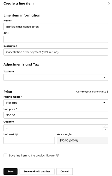 创建自定义细列项目 "面板截图，突出显示将细列项目保存到产品库的选项。