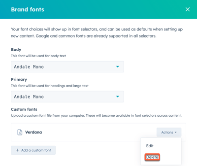 Delete custom font option under Actions dropdown in HubSpot settings.