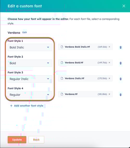 Custom font style selection dropdown menus in HubSpot settings.