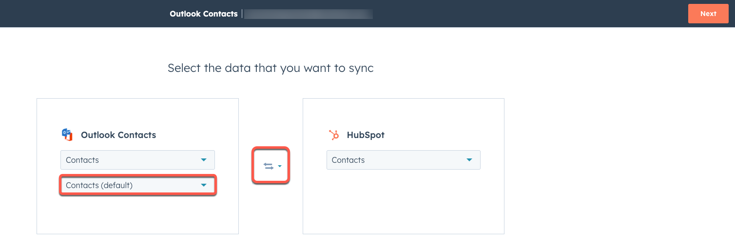 screenshot showing the screen in HubSpot where you can select the Outlook Contacts folder you want to sync from and the sync direction. 