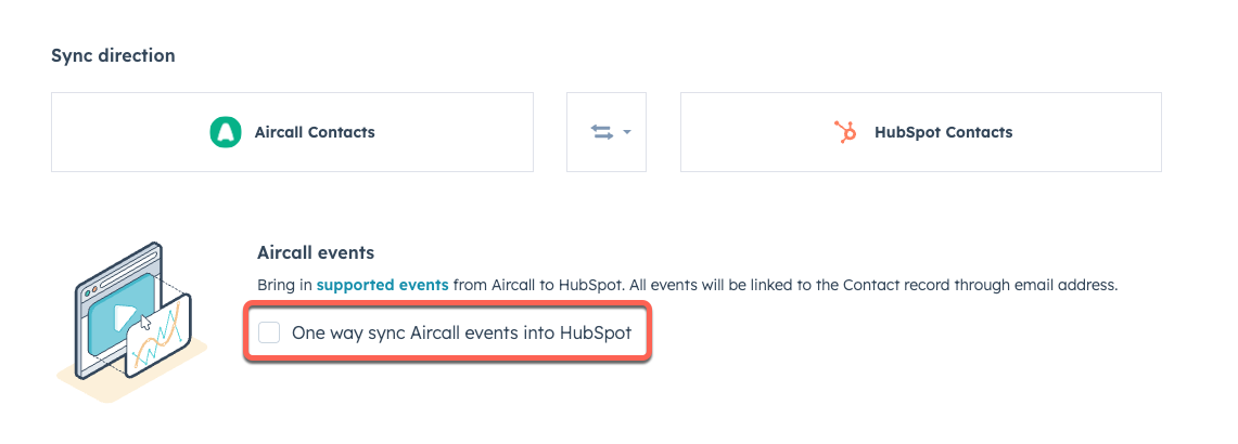 screenshot showing the checkbox for Aircall events sync in HubSpot