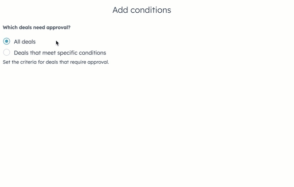 GIF do processo de configuração de aprovações. O usuário configura a aprovação para negócios que têm “tag de negócio” igual a “novo negócio”.
