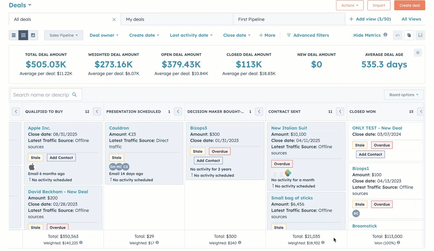 GIF image showing a Sales Pipeline in a board view. The user hovers on a total amount shown at the bottom of the screen. They configure their preferred currency in a sidebar menu.