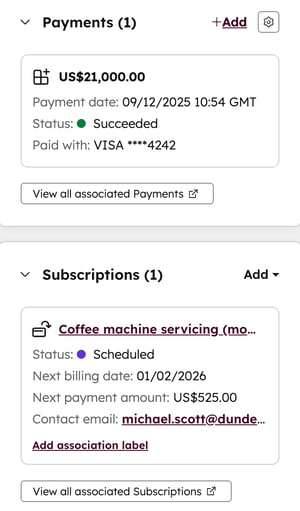 HubSpot deal timeline showing a payment record and a scheduled subscription record for a future-dated recurring payment.