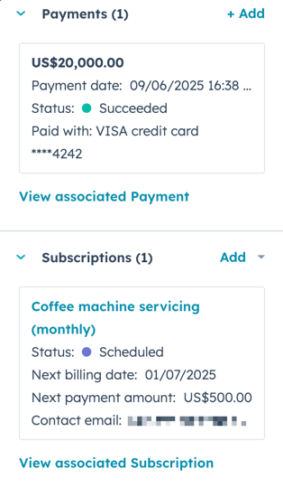 支払いレコードと将来の日付の定期的な支払いのスケジュール済みサブスクリプションレコードを表示するHubSpotの取引タイムライン。