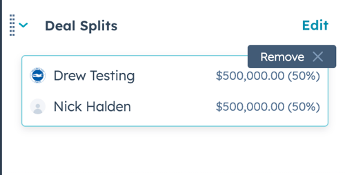 La transaction divise l’interface utilisateur avec deux entrées : « Drew Testing, $500,000.00 (50%) » et 'Nick Halden, $500,000.00 (50%)'. Un bouton « Supprimer » est visible en haut à droite de l’image.