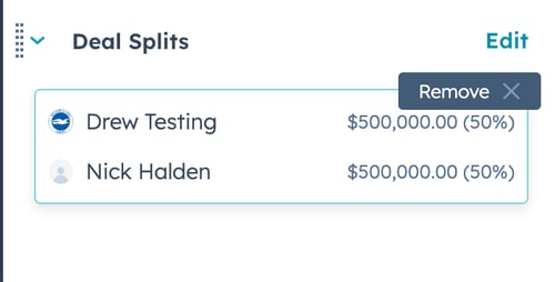 La transaction divise l’interface utilisateur avec deux entrées : « Drew Testing, $500,000.00 (50%) » et 'Nick Halden, $500,000.00 (50%)'. Un bouton « Supprimer » est visible en haut à droite de l’image.
