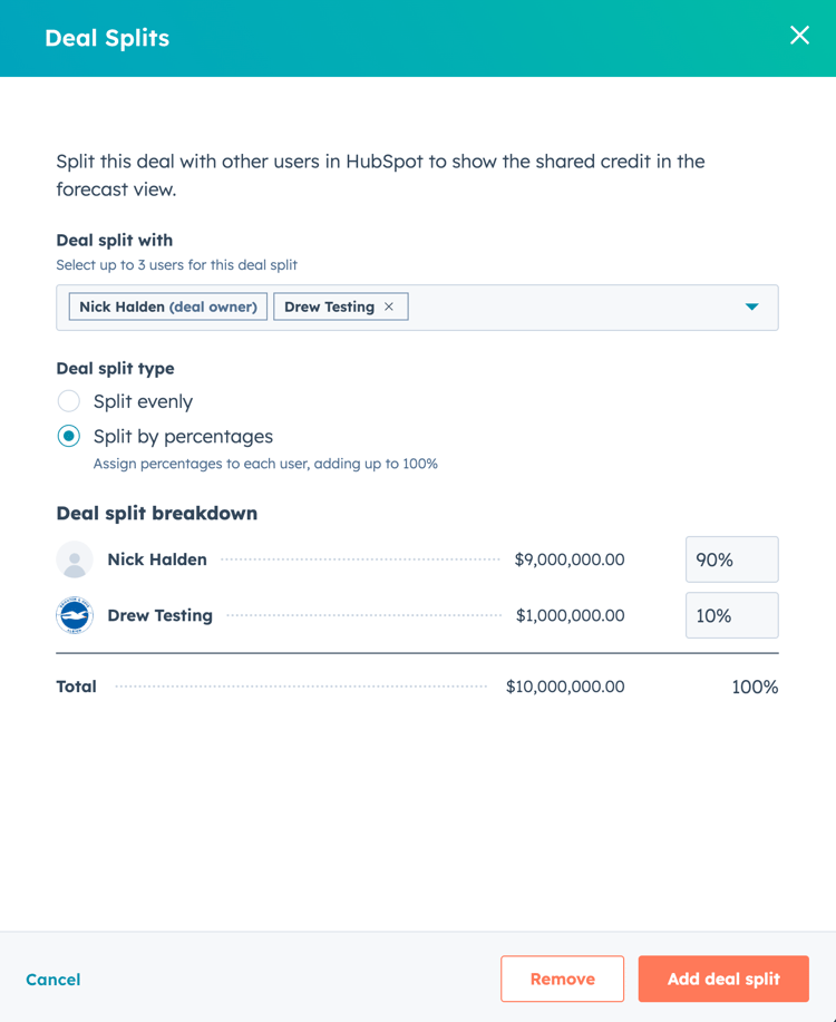 Écran de configuration de la division des transactions avec l’option « Diviser par pourcentage » sélectionnée. Deux utilisateurs sont sélectionnés en haut de l’écran, Nick Halden étant le propriétaire. Nick se voit attribuer 90 % (9 000 000,00 $) et Drew 10 % (1 000 000,00 $).