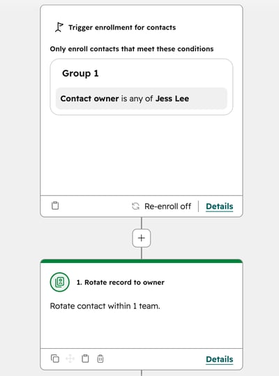 Sample contact workflow showing trigger is contact owner is any of Jess Lee, and Rotate record to owner is one team.
