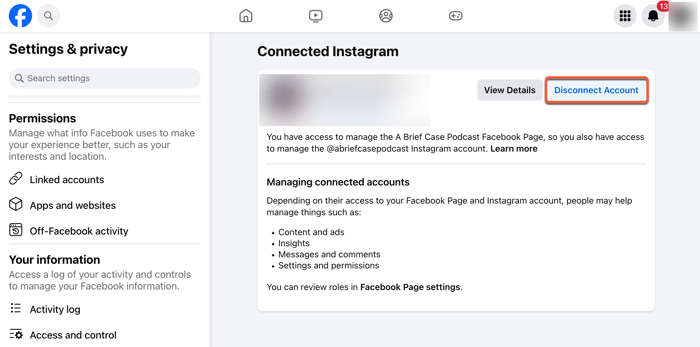 disconnect instagram acc
