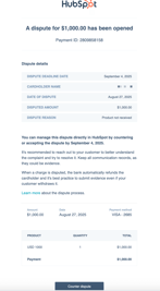 Email notification alerting user that a payment dispute has been opened.