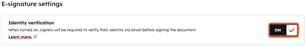 The E-signature settings section in HubSpot, showing the toggle switch for 'Identity verification'.