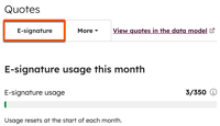 The Quotes settings page in HubSpot, with the E-signature tab selected and its content displayed.