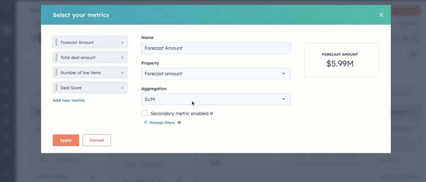 GIF image displaying a dialog box. The user interacts with deal metrics such as Forecast amount and number of times contacted. The user changes displays from sum of values to averages.