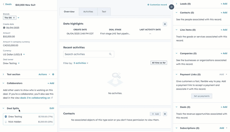L’image GIF montre une transaction fiche d'informations. L’utilisateur clique sur une case en bas à gauche pour ouvrir un menu de fractionnement de transaction dans le panneau de droite. L’utilisateur ajuste un pourcentage de sorte que « Drew testing » reçoive 78% du montant de la transaction.