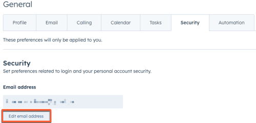 Ein Screenshot, der die Schaltfläche "E-Mail-Adresse bearbeiten" auf der Registerkarte "Allgemein" im Menü "Allgemein" in den HubSpot-Einstellungen zeigt.