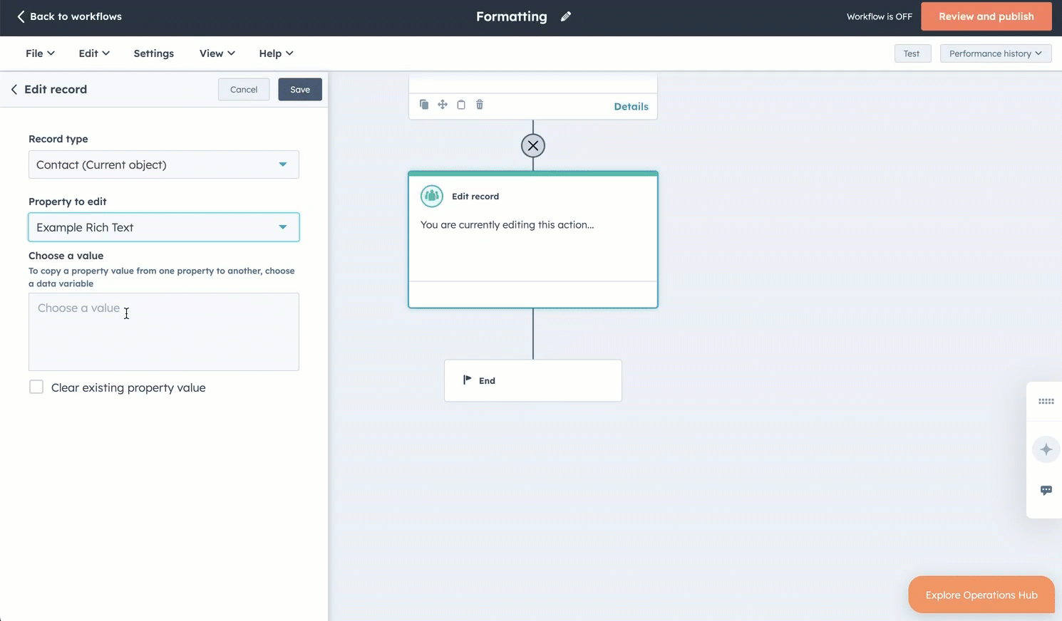 GIF image showing edit record action in HubSpot workflow. user edits available data to filter by specific association label.