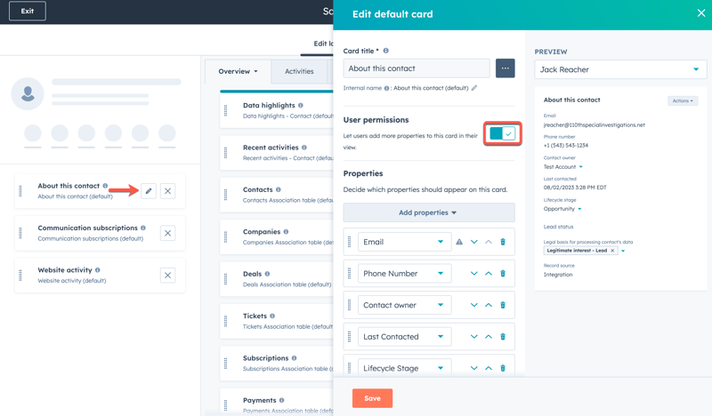 'Edit default card' settings for the 'About this contact' section. On the left, the 'About this contact' card has an orange arrow pointing to an edit icon. The right side shows a preview of the contact card with fields like email and phone number. The 'User permissions' section has a checked box