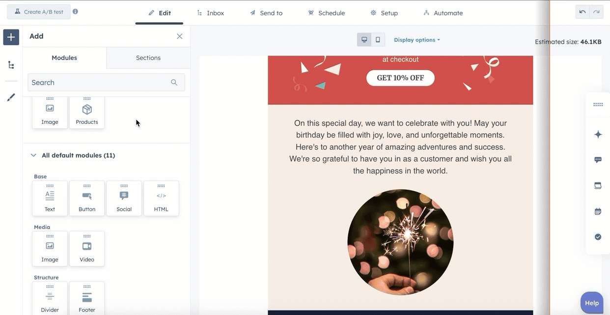 A screen recording shows a user dragging a module from a sidebar and dropping it into a drag-and-drop email editor. The user drags the module to the side of an existing module to create a new column.