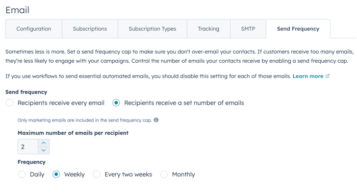 Einstellungen für die Sendefrequenz von Marketing-E-Mails.