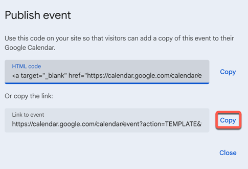 Screenshot of the Publish event dialog box in Google Calendar, with the Copy button highlighted by an orange box.