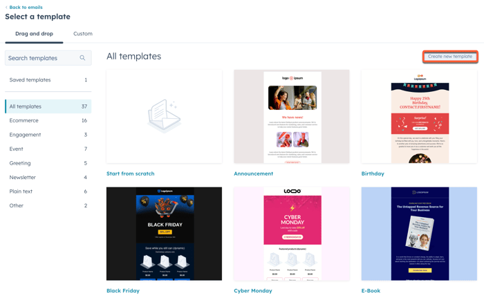 Marketing email template listing page, showing option to create a new template.